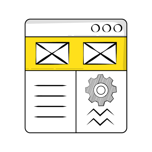 mobile load times - Simple wireframe layout showing a header with navigation dots, two image placeholders highlighted in yellow, and settings menu with gear icon